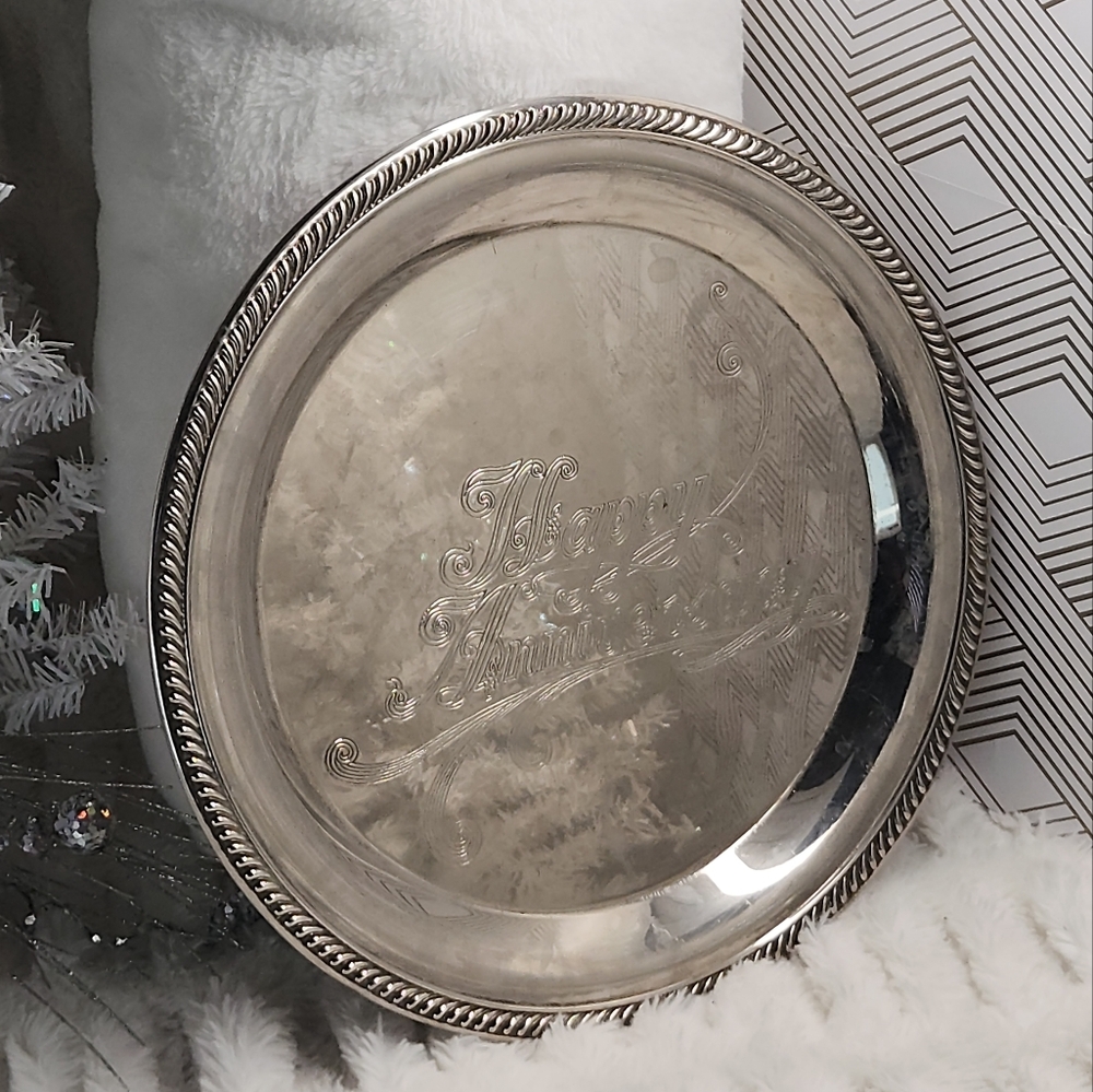 Vintage Silver-Plated Happy Anniversary Serving Platter With Elegant Design